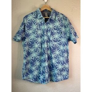 Hurley Mens Palm Tree Print Button Up Short Sleeve Shirt Blue Large